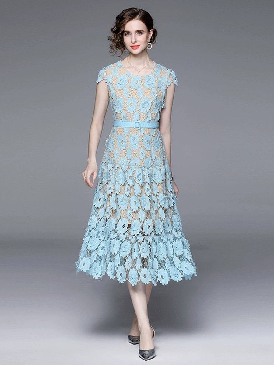 Summer new hollow out water-soluble lace embroidered round neck style fluffy dress