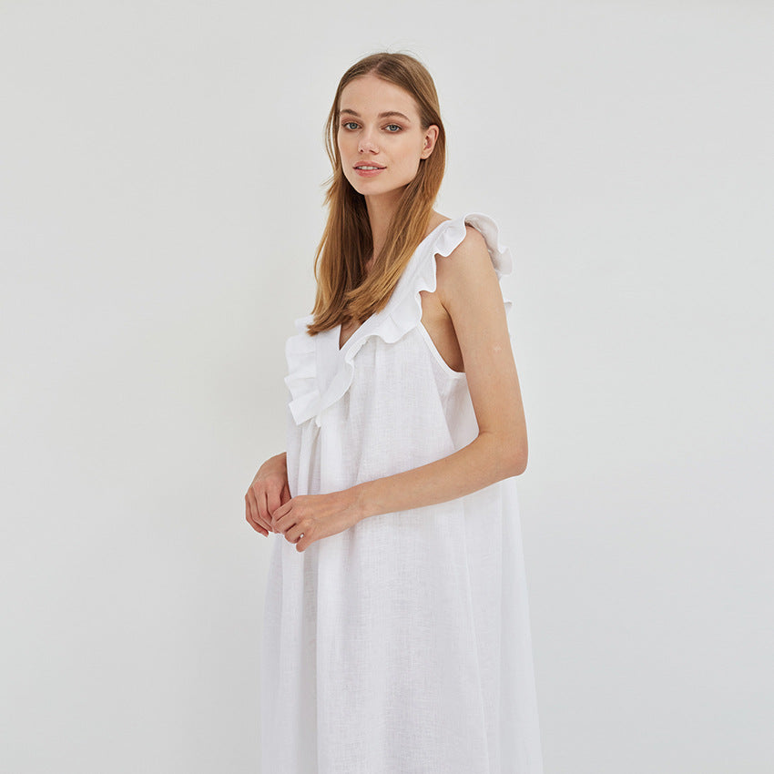 Contracted Natural Sleeveless Splice Cotton Linen Nightwear