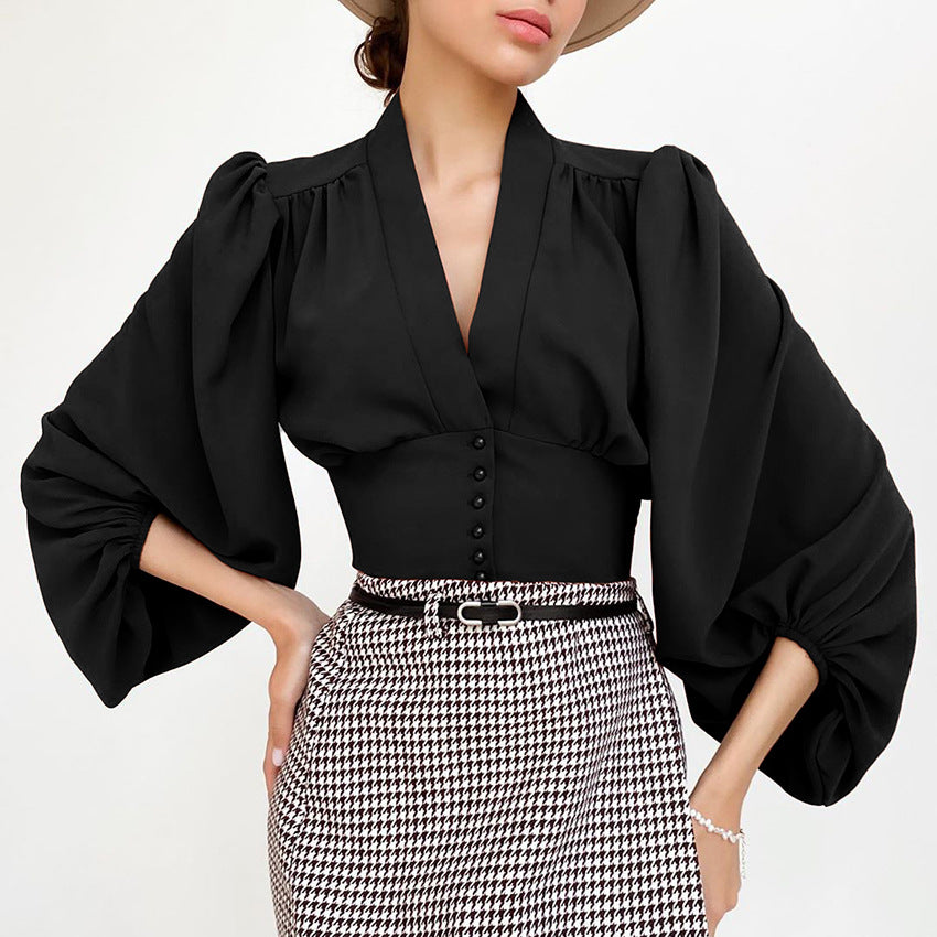 V-neck Lantern Sleeve Court style  Shirt