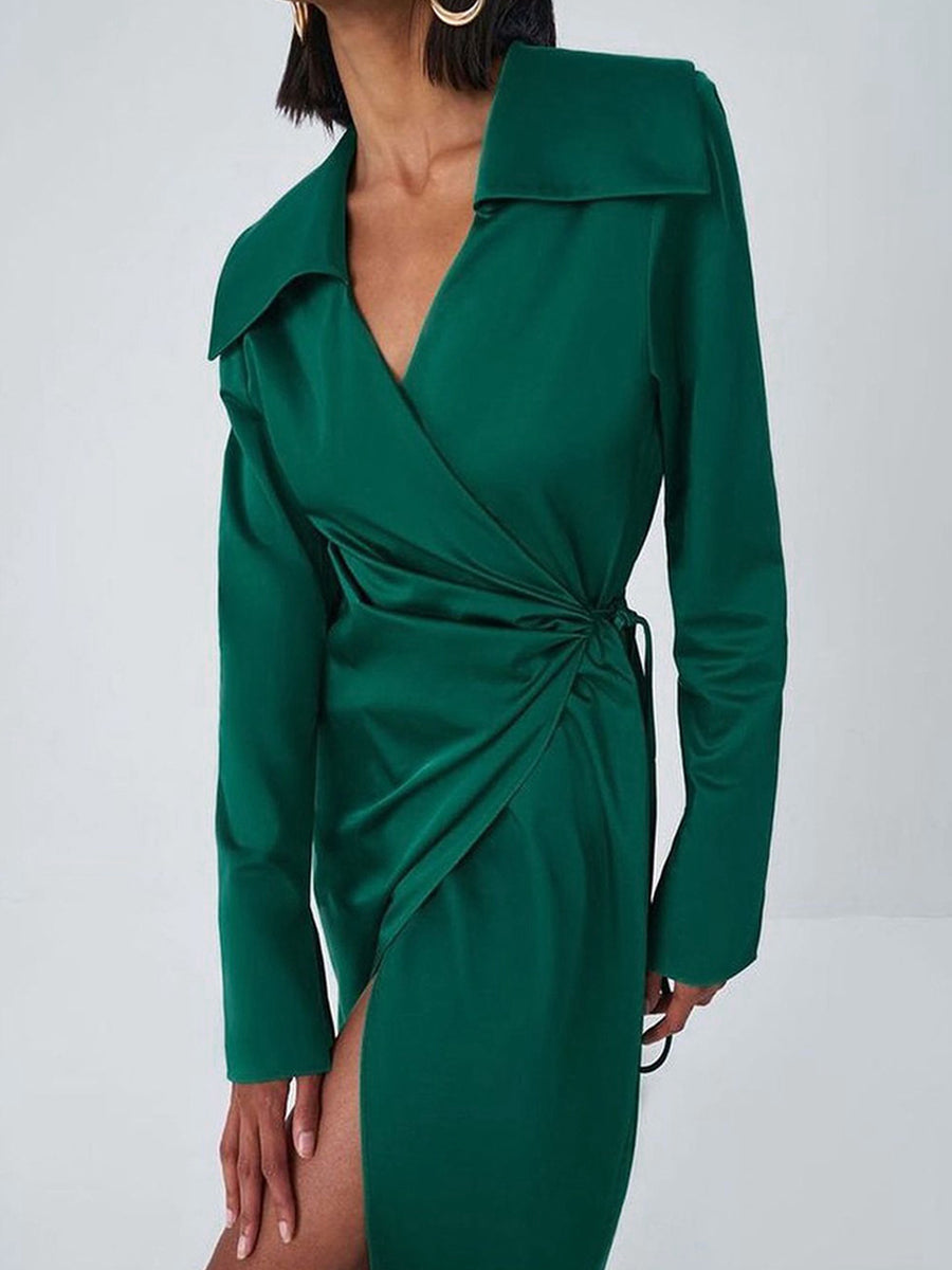 Tailored Collar Tight Split Green Maxi Dress