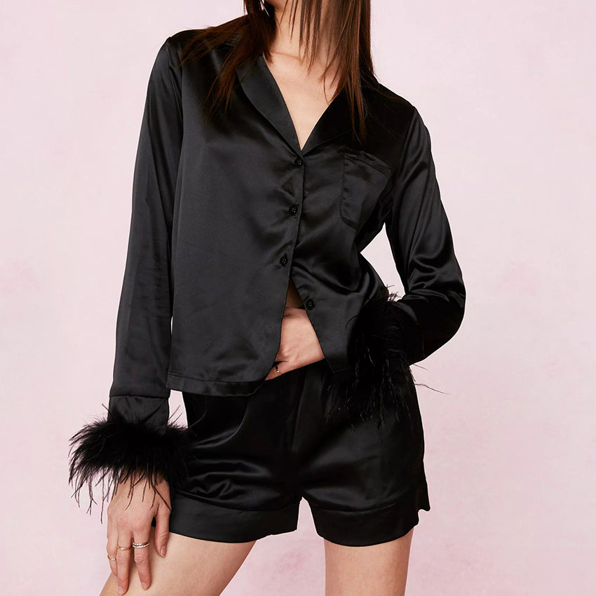 Ice Silk Comfortable Feather Cuffs Lapel Pajamas For Ladies