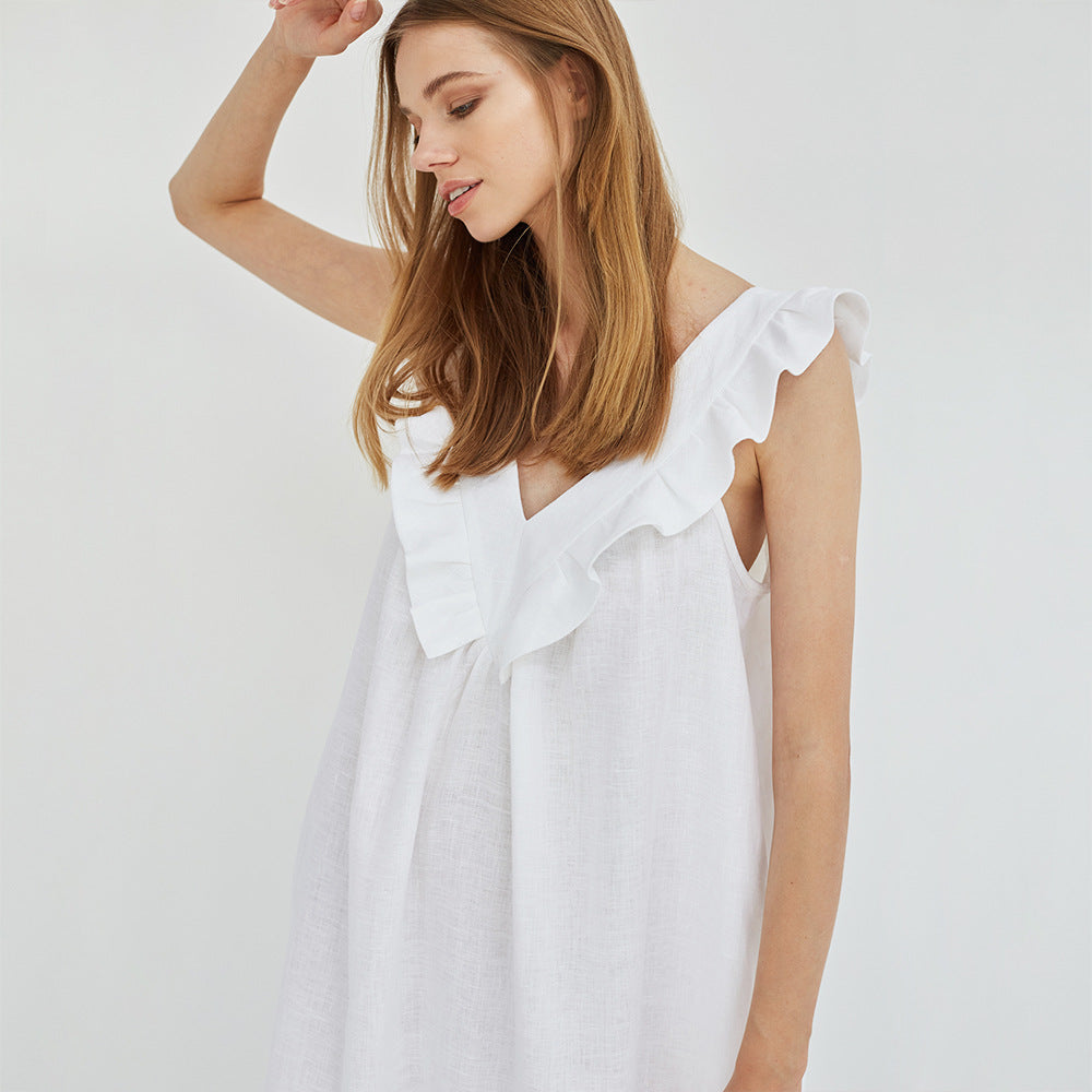 Contracted Natural Sleeveless Splice Cotton Linen Nightwear