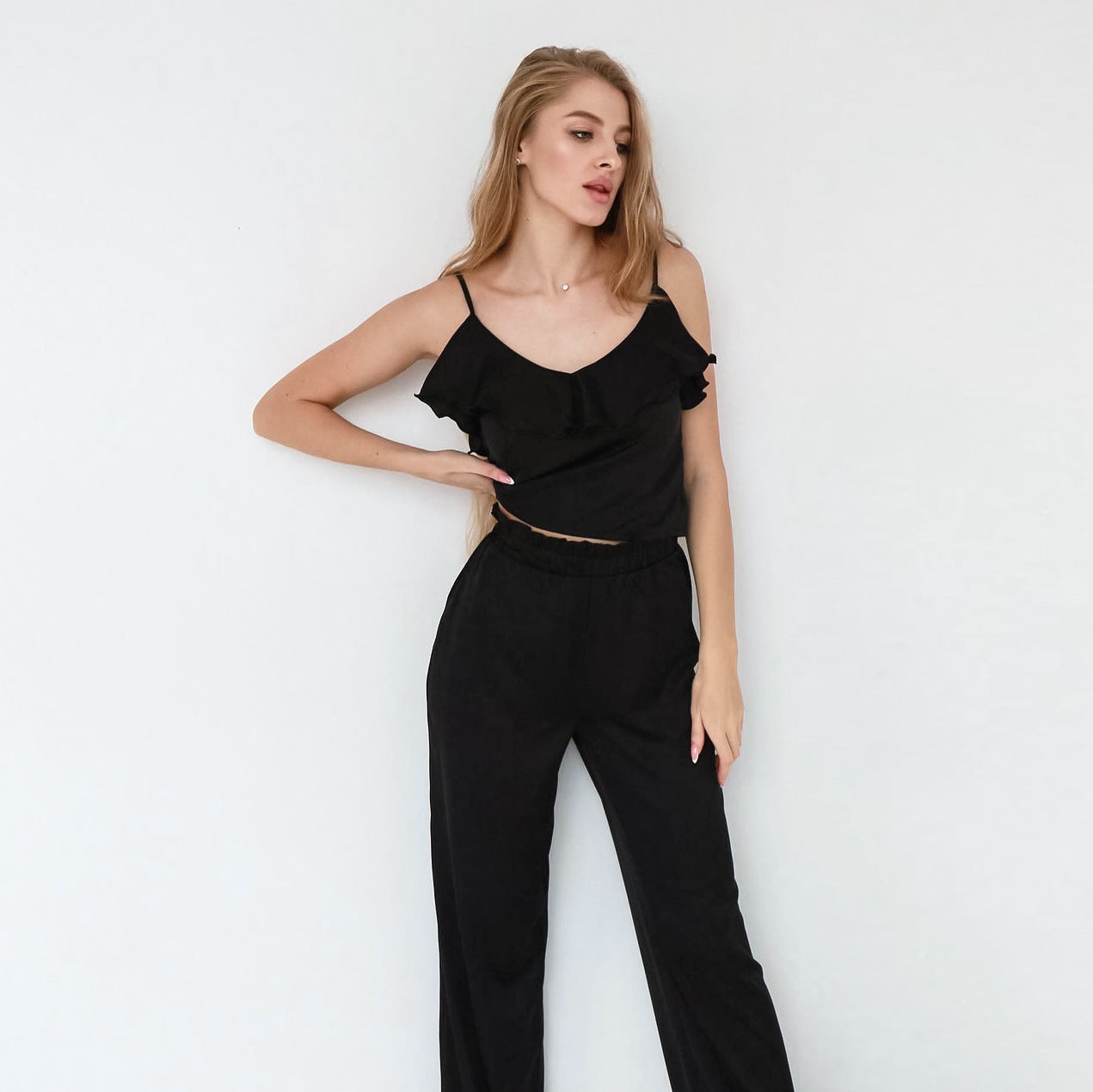 Sling Peplum Corrugated Edge Comfortable Pajamas Set