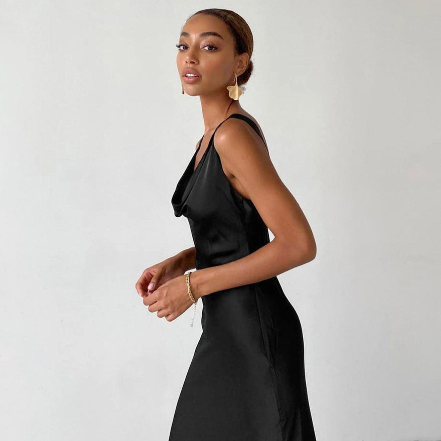 Ice Silk Imitation Silk V-neck Black Dress