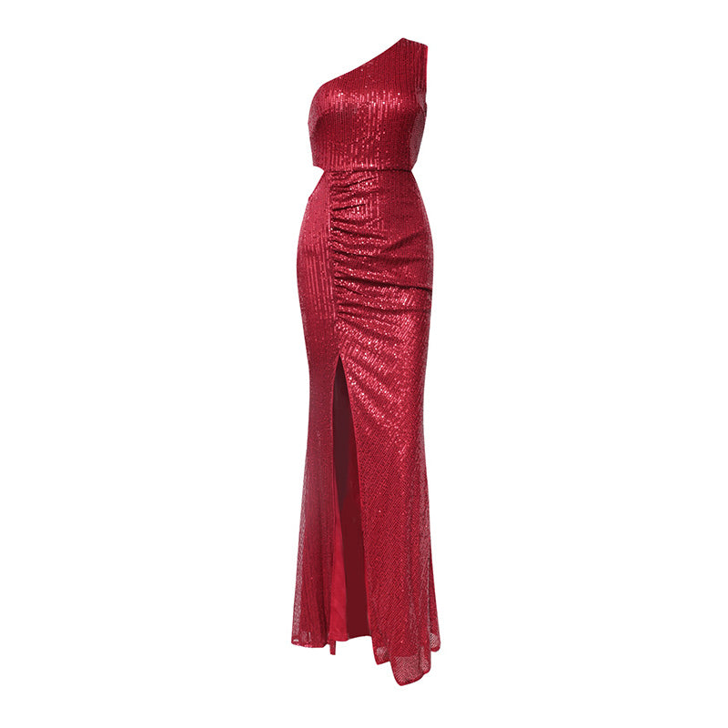 Sequins One-shoulder Slit Party Evening Long Floor-length Dress