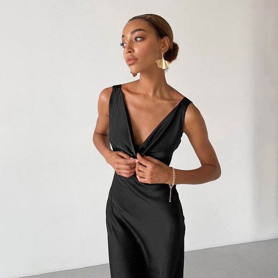 Ice Silk Imitation Silk V-neck Black Dress