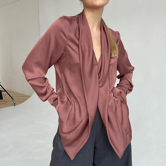 Drape sexy long sleeve design  Satin Vintage Shirt