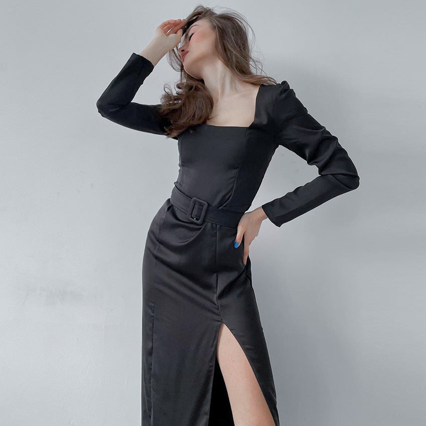 Square Collar Long Sleeve Lacing Slit Maxi Dress