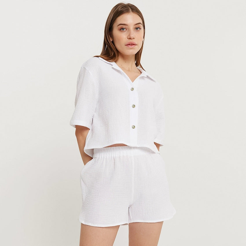 Natural Double Crepe Cotton Five-sleeved Pajamas