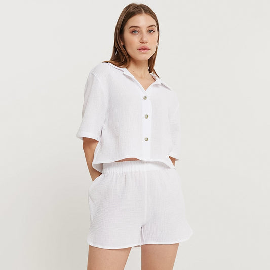 Natural Double Crepe Cotton Five-sleeved Pajamas