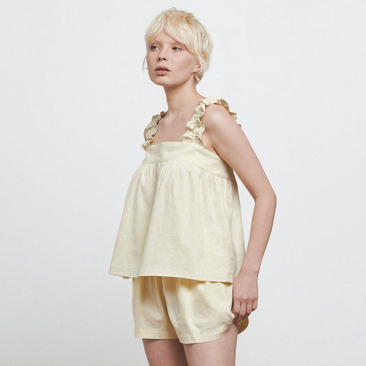 Solid Tank Top Cotton Imitated Linen Shorts Pajamas Suit