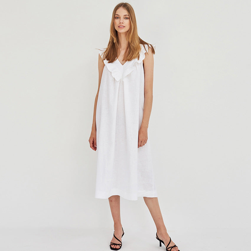 Contracted Natural Sleeveless Splice Cotton Linen Nightwear