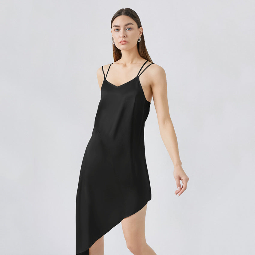 Halter Thin Solid Satin Ice Silk Asymmetrical Nightdress