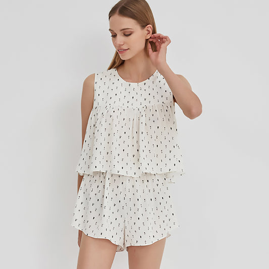 Floral Print Fresh Sweet Tank Shorts Loose Pajamas Set