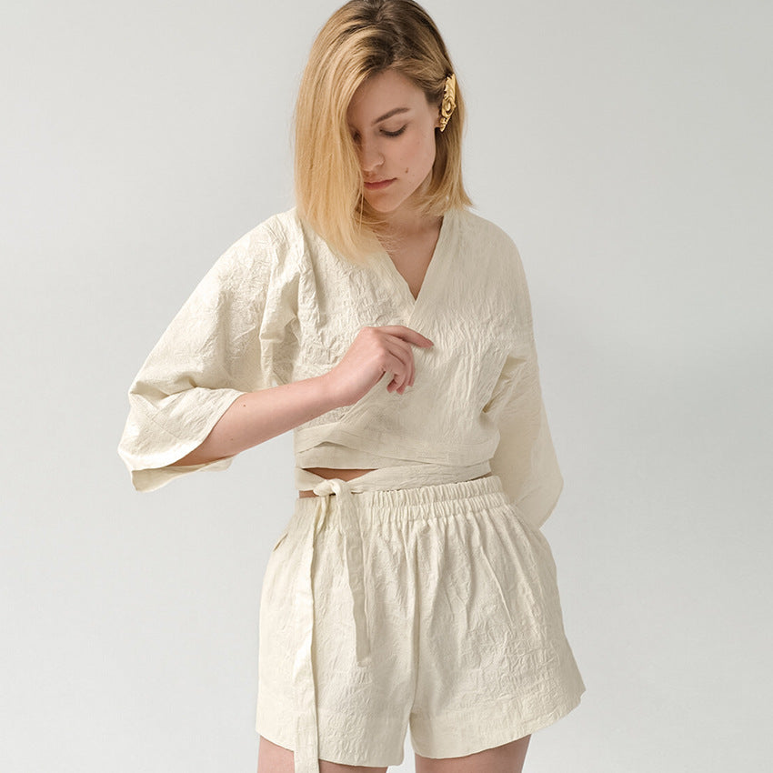 Woven Drape Hollowed-out 2 Pieces Polyester Women Pajamas Set