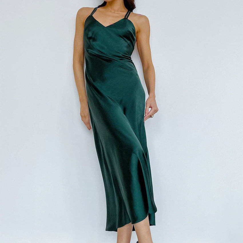 Satin V-neck Sexy Fashion Backless Dress