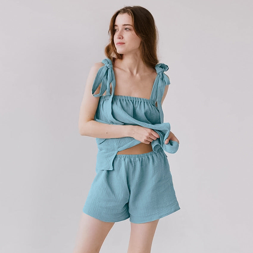 Bow-tied Skin-friendly Moon Halter Shorts Set Pajamas