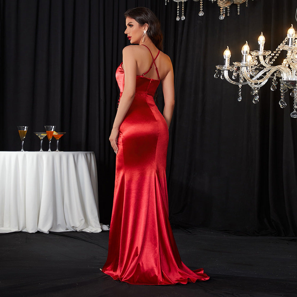 V-neck Halter Belt Backless Slits Swing Tail Dress