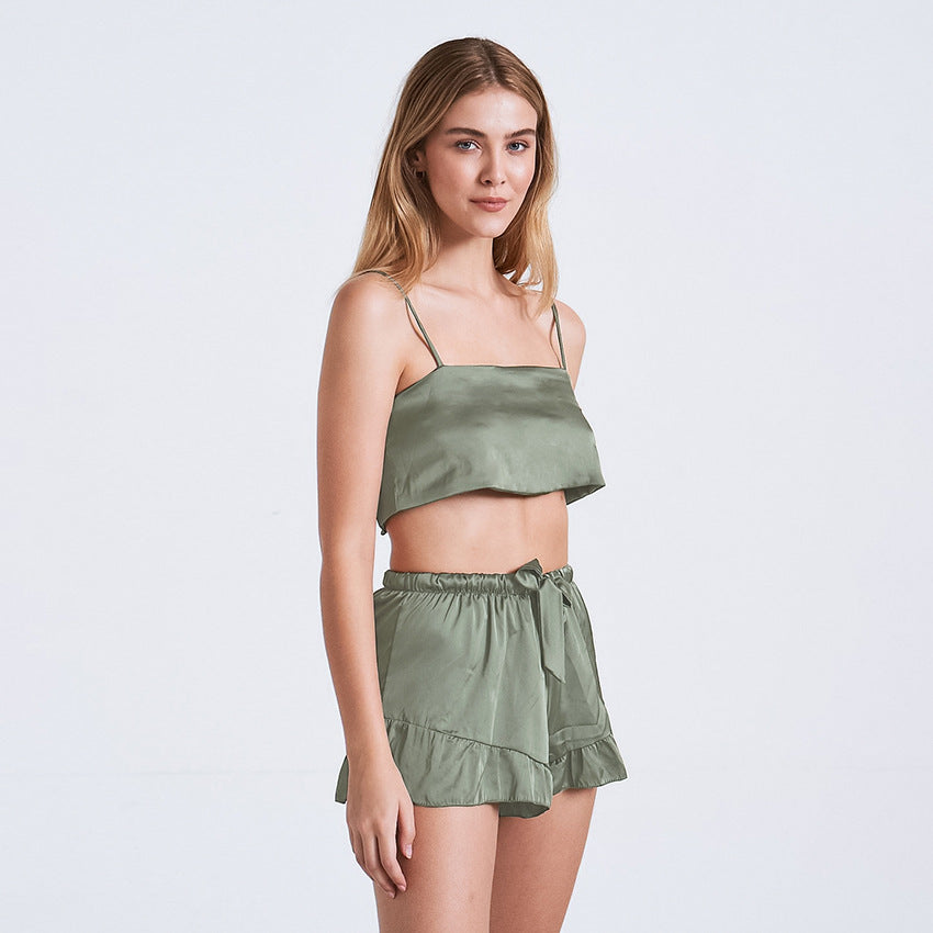 Belt Laciness Shorts Sexy Imitate Silk Woman's Pajamas