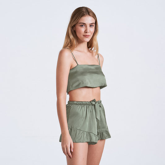 Belt Laciness Shorts Sexy Imitate Silk Woman's Pajamas