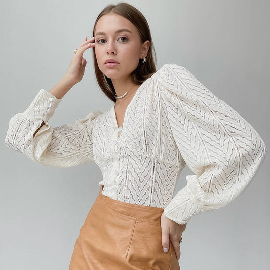 V-neck Puff Sleeve Shirt  Lace Lantern Sleeve  style C asual shirt