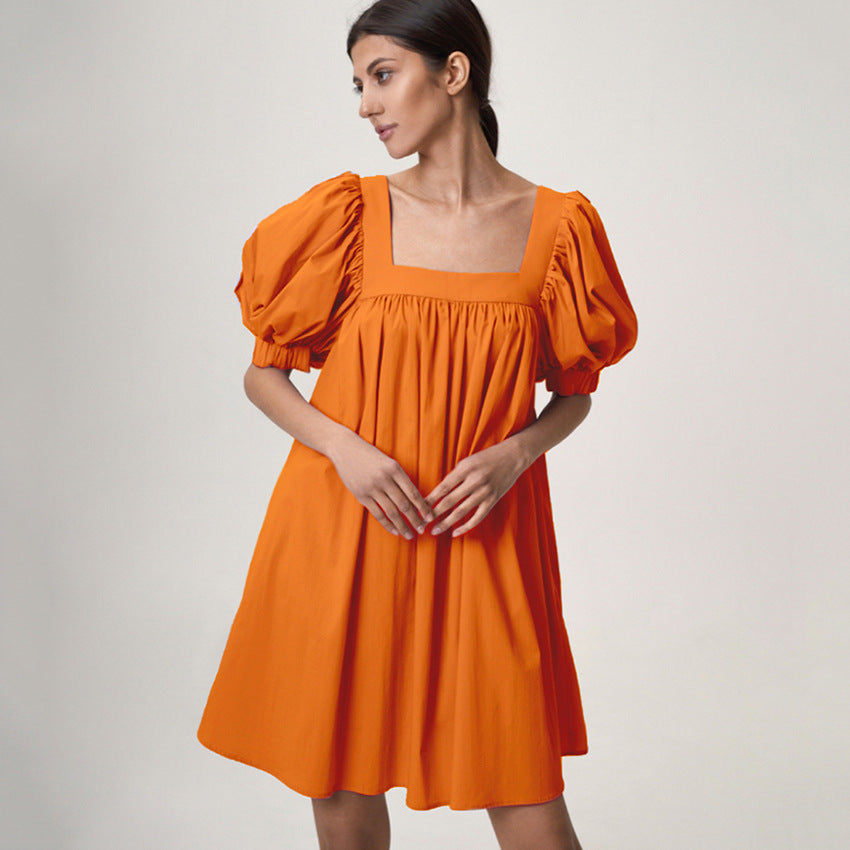 Square Collar Bubble Sleeve Commuter Dress