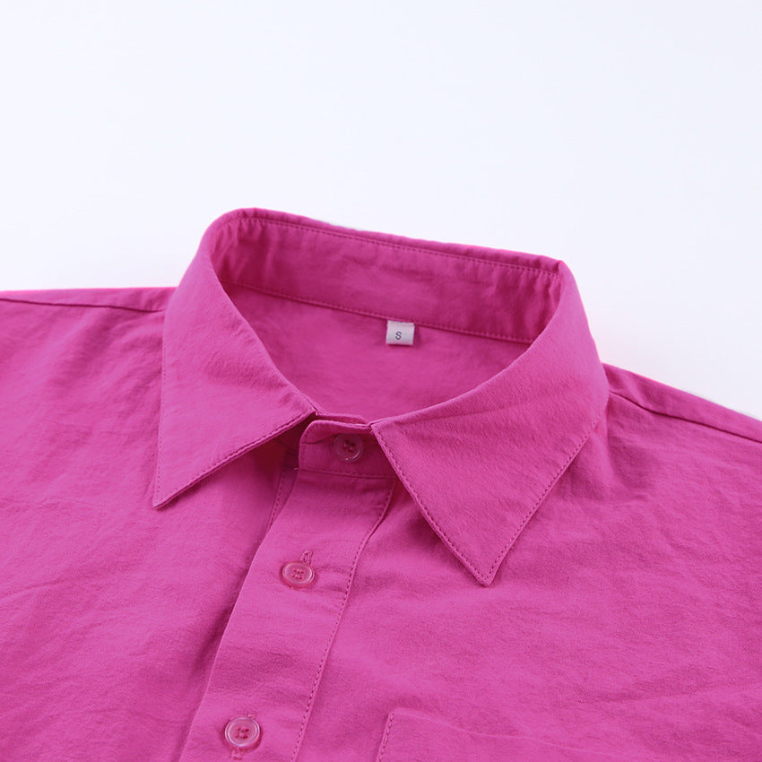 Pink Hollowed-out Midi Shirt Dress