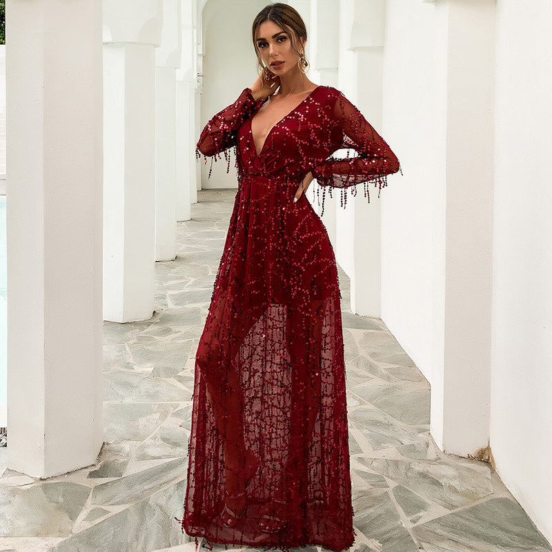 Sequin Tassel Champagne Evening Dress