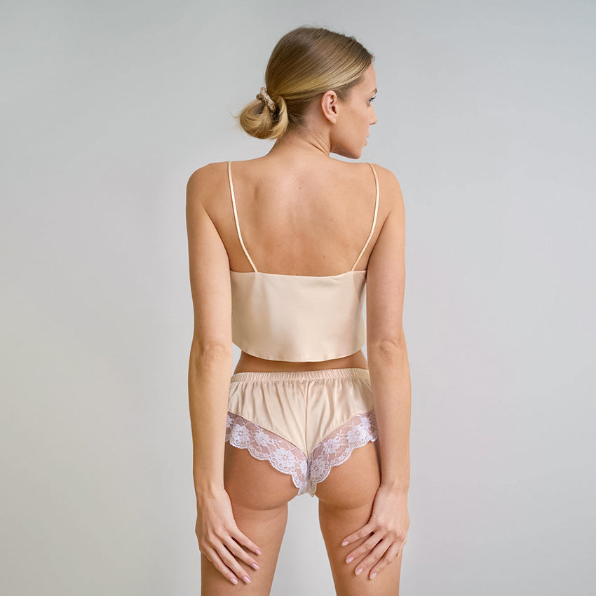 Beige V-neck Top Shorts Thin Style Cotton Linen Women's Pajamas