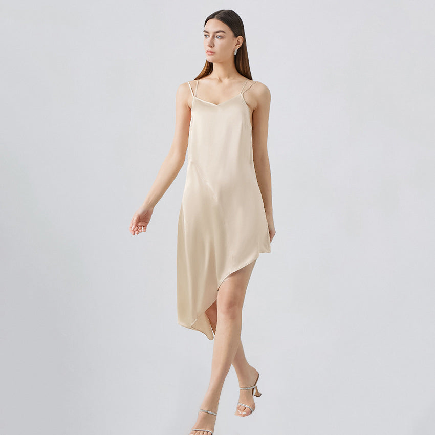 Halter Thin Solid Satin Ice Silk Asymmetrical Nightdress