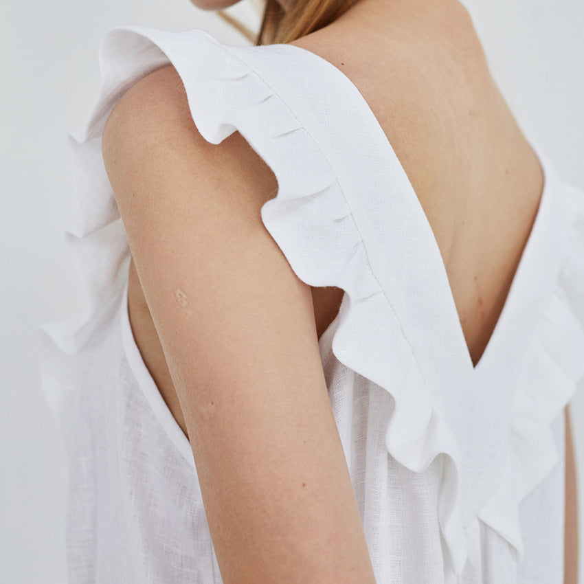 Contracted Natural Sleeveless Splice Cotton Linen Nightwear