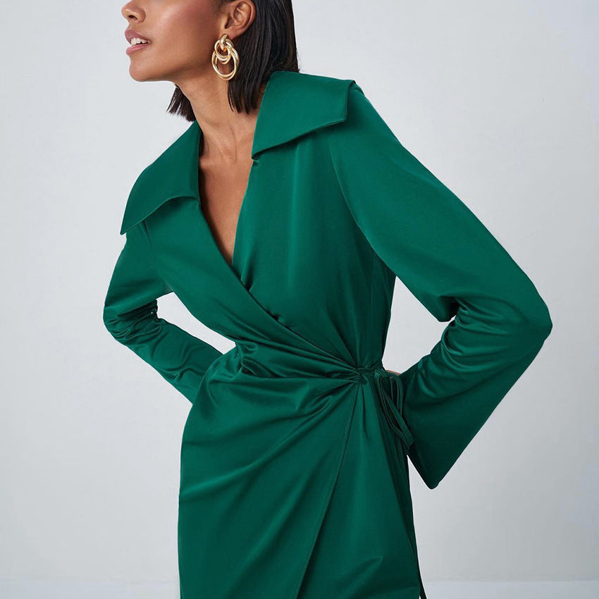 Tailored Collar Tight Split Green Maxi Dress