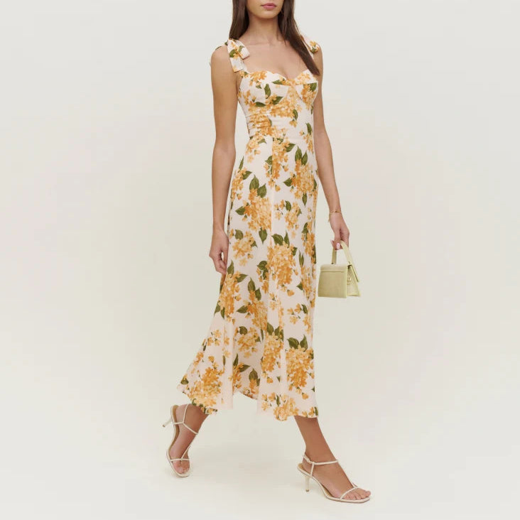 Tie Shoulder Printed Midi Dress