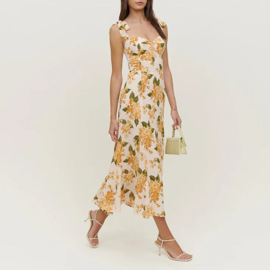 Tie Shoulder Printed Midi Dress