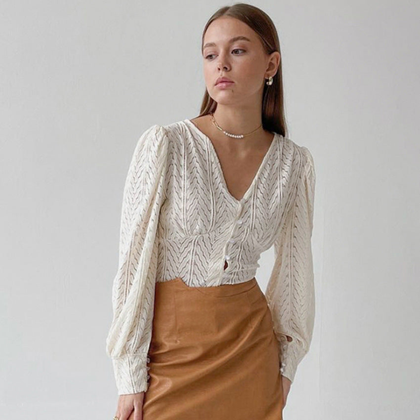 V-neck Puff Sleeve Shirt  Lace Lantern Sleeve  style C asual shirt