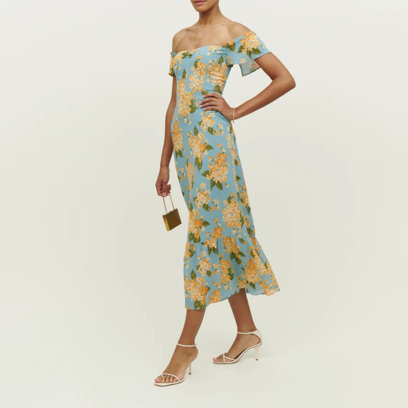 Printed Off Shoulder Midi Dress