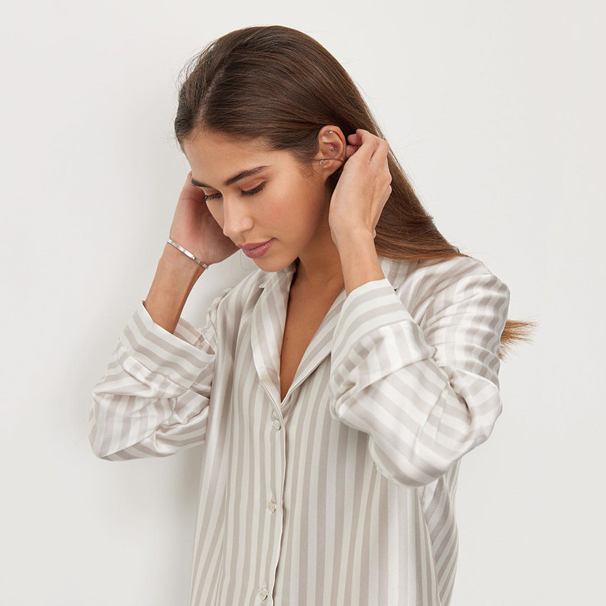 Silk Comfortable Striped Print Lapel Satin Pajamas Luxury