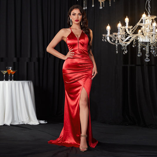 V-neck Halter Belt Backless Slits Swing Tail Dress