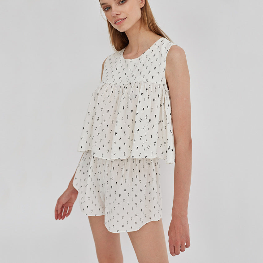 Floral Print Fresh Sweet Tank Shorts Loose Pajamas Set