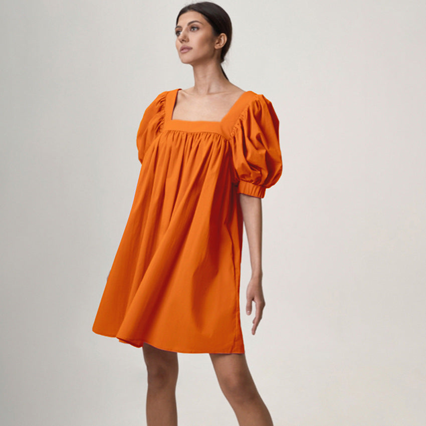 Square Collar Bubble Sleeve Commuter Dress