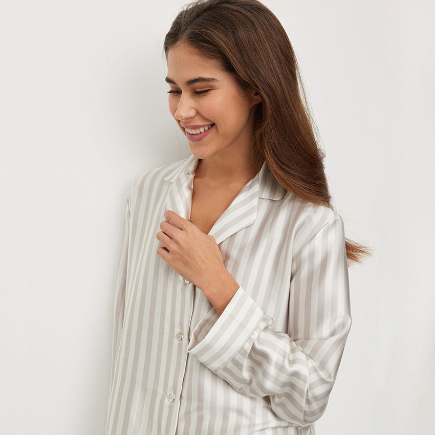 Silk Comfortable Striped Print Lapel Satin Pajamas Luxury