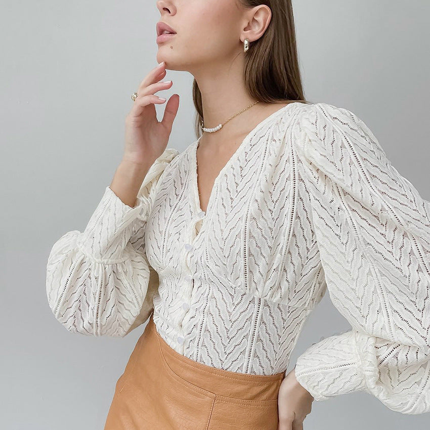 V-neck Puff Sleeve Shirt  Lace Lantern Sleeve  style C asual shirt