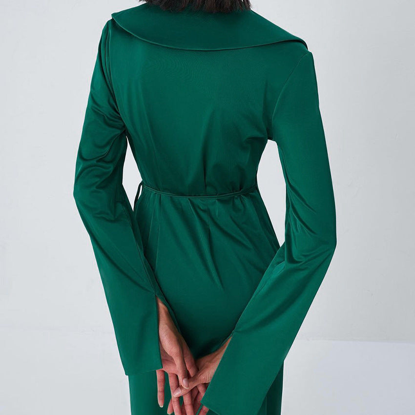 Tailored Collar Tight Split Green Maxi Dress
