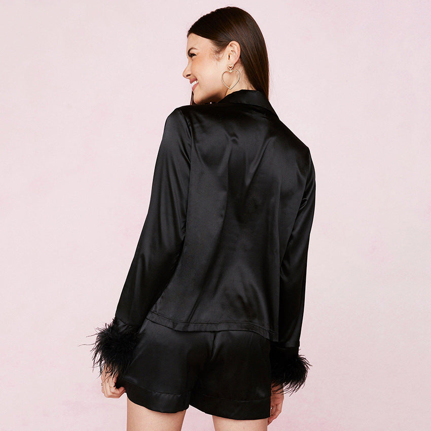 Ice Silk Comfortable Feather Cuffs Lapel Pajamas For Ladies