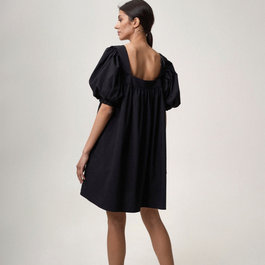 Square Collar Bubble Sleeve Commuter Dress