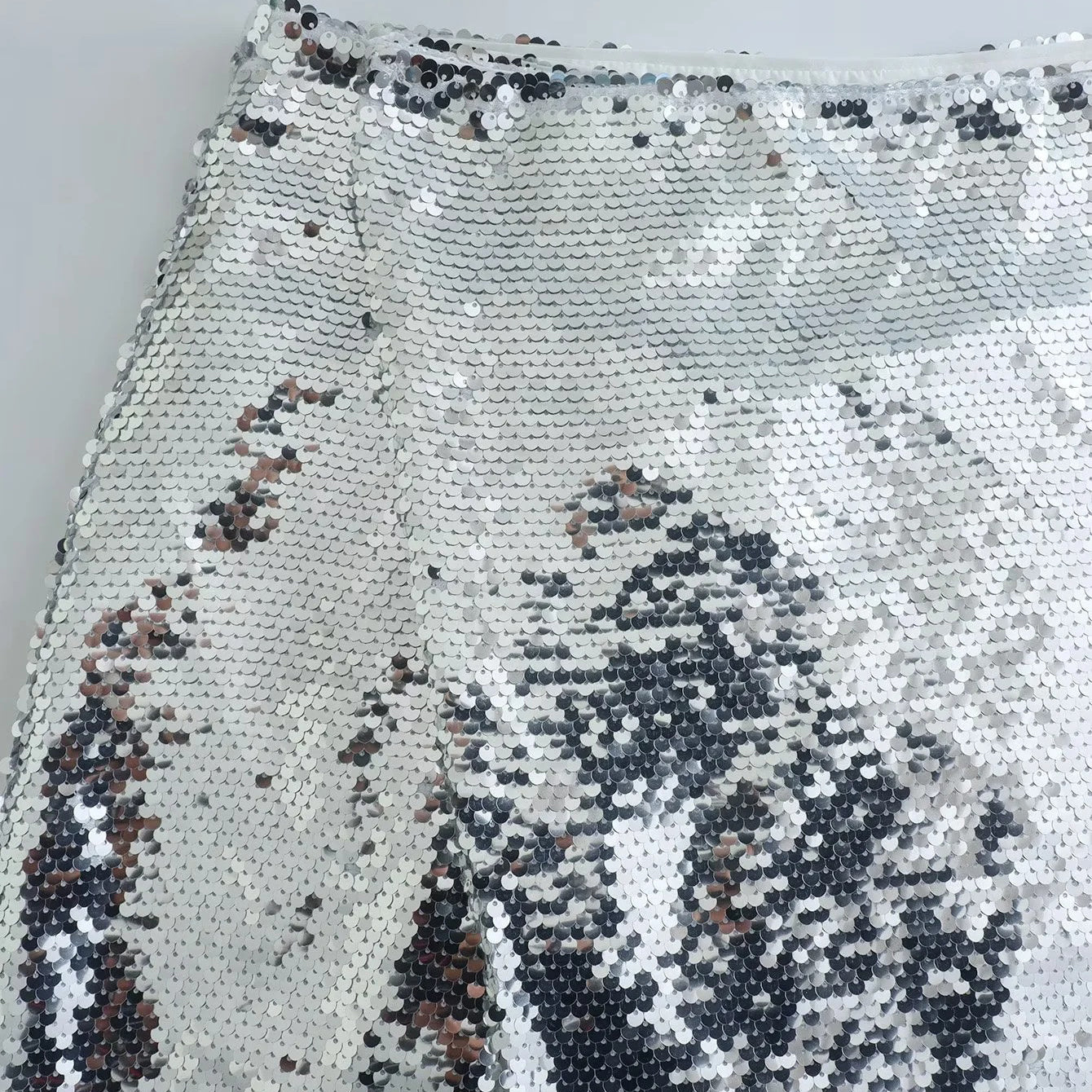 Silver Sequin Mini Skirt with Slit