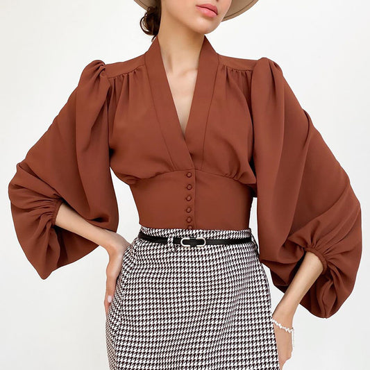 V-neck Lantern Sleeve Court style  Shirt