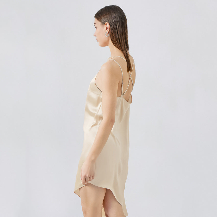 Halter Thin Solid Satin Ice Silk Asymmetrical Nightdress