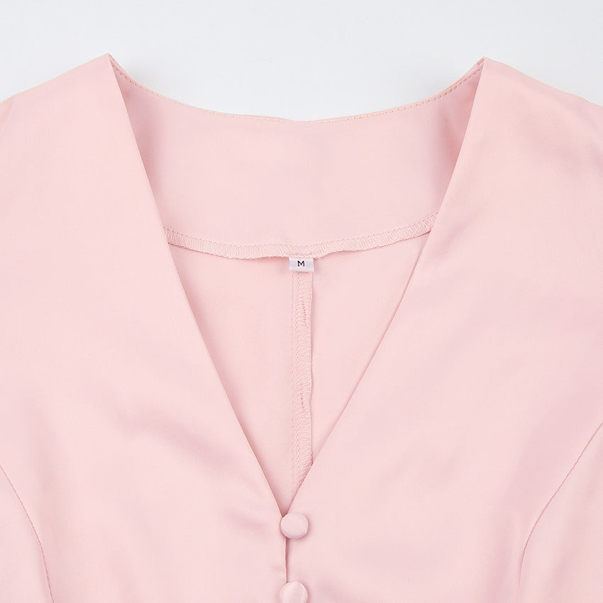 Satin V-neck Lantern Sleeve Dress