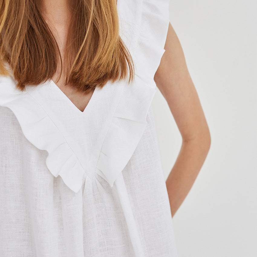 Contracted Natural Sleeveless Splice Cotton Linen Nightwear